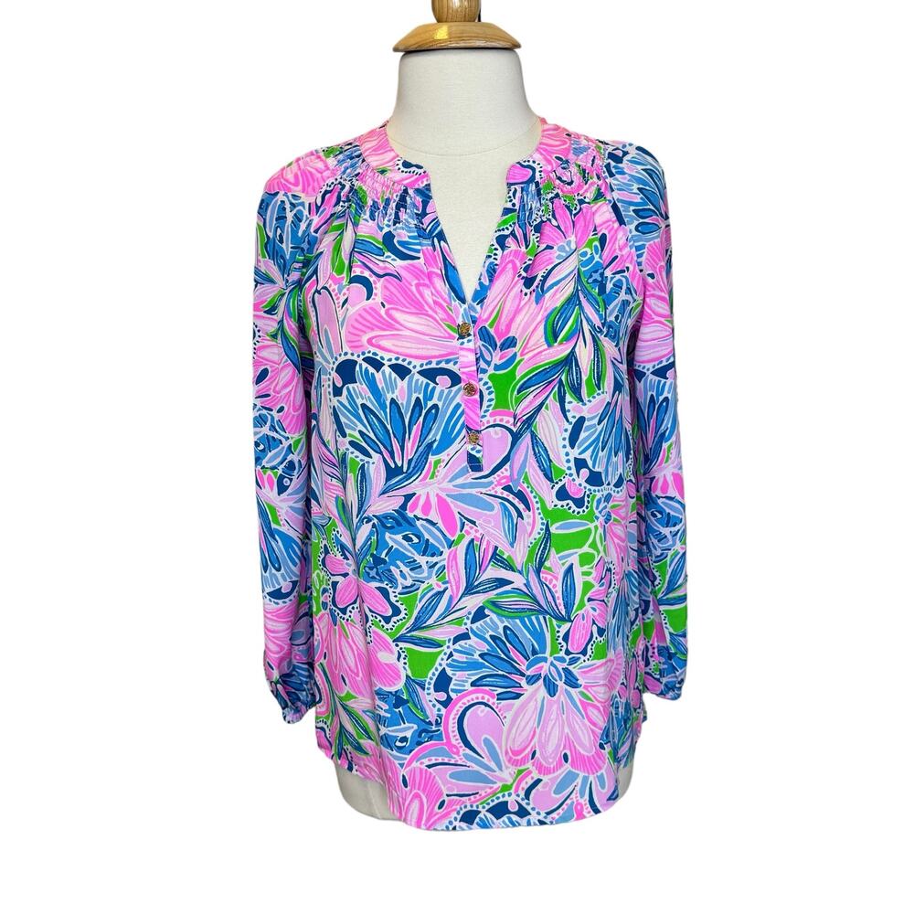 Lilly Pulitzer Elsa Silk Long Sleeve Top Gecko Green Tiger Sunrise Size Small - Picture 4 of 14